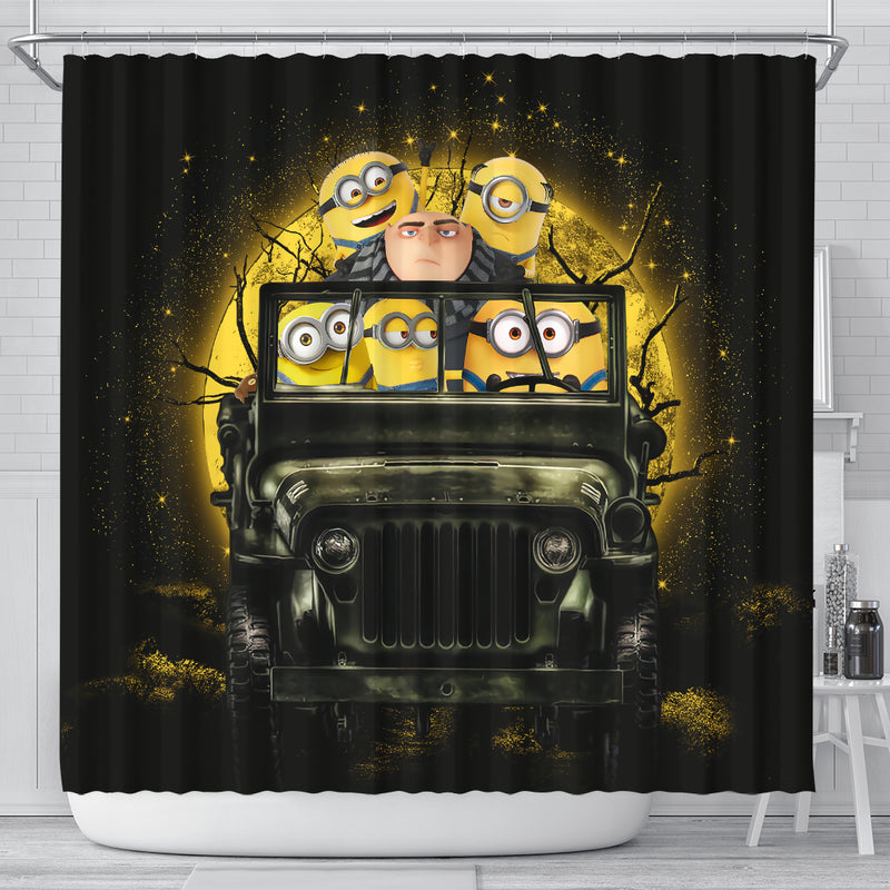 Despicable Me Gru And Minions Ride Jeep Moonlight Halloween Funny Shower Curtain Nearkii