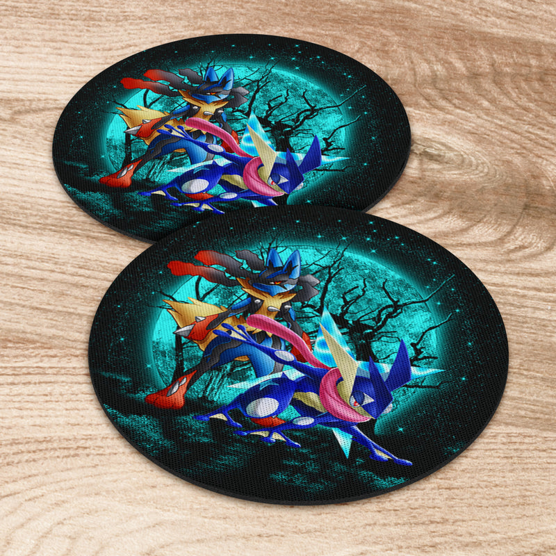 Greninja Satoshi And Mega Lucario Pokemon Moonlight Halloween Round Coaster