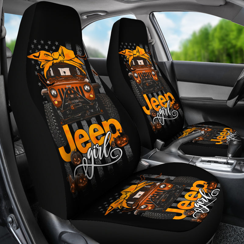 Halloween American Flag Orange Jeep Girl Premium Custom Car Seat Covers Decor Protectors Nearkii