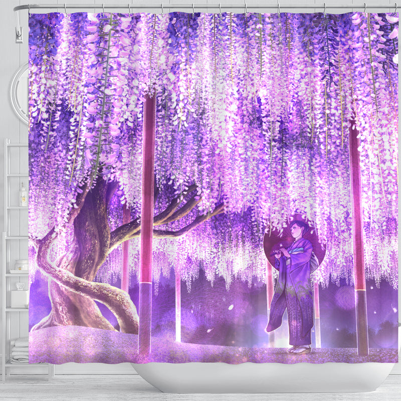 Anime Girl Under Blossom Tree Shower Curtain Nearkii