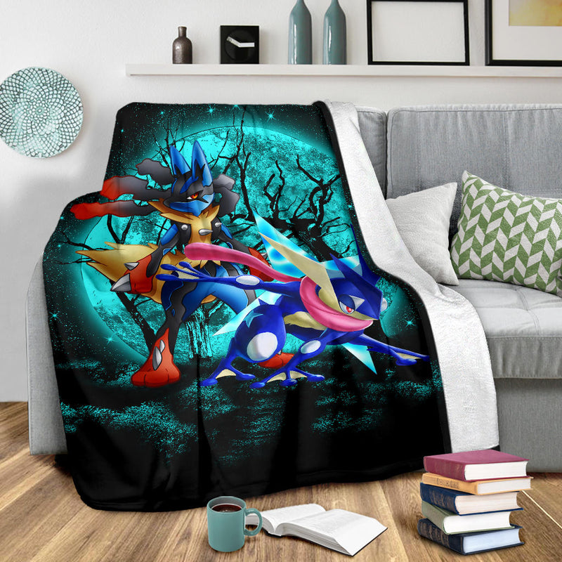 Greninja Satoshi And Mega Lucario Pokemon Moonlight Halloween Premium Blanket Nearkii
