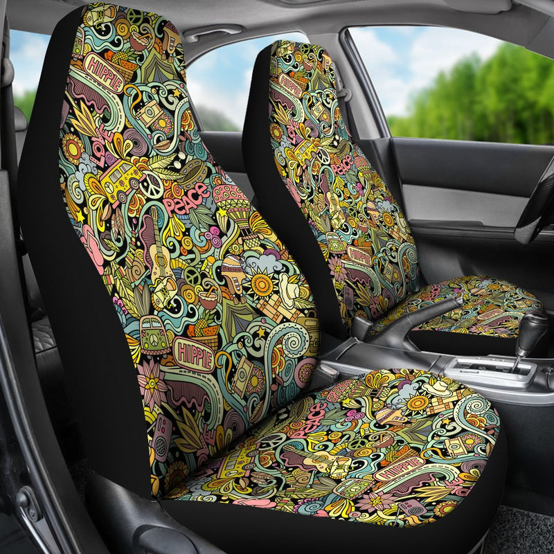 Best Hippie Hand Drawn Doodles Seamless Pattern Premium Custom Car Seat Covers Decor Protector Nearkii