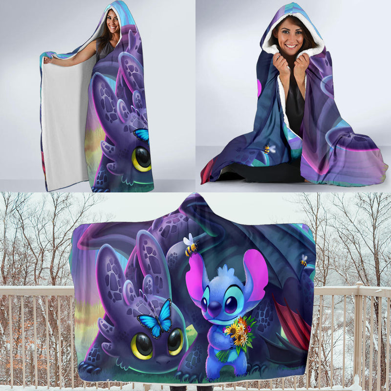 Stitch And Toothless Economy Hooded Blanket Nearkii