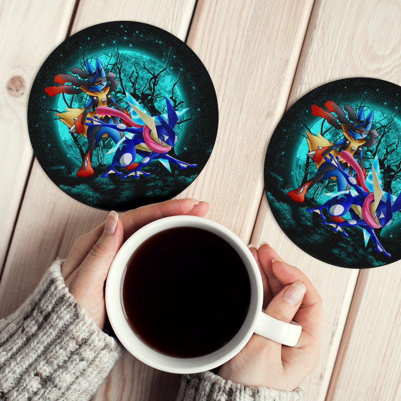 Greninja Satoshi And Mega Lucario Pokemon Moonlight Halloween Round Coaster