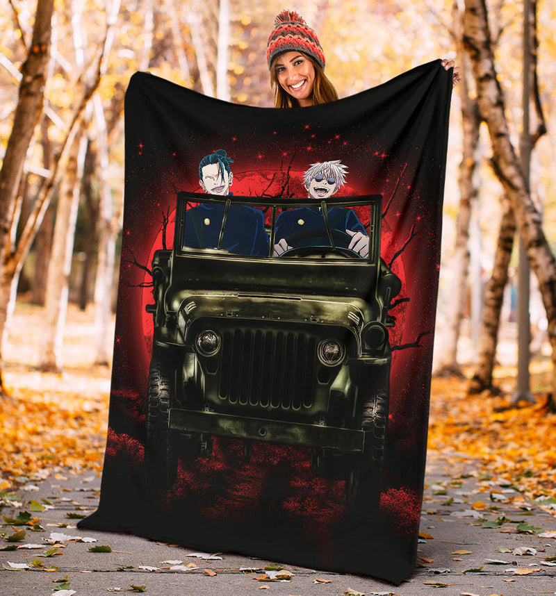 Gojo Geto Jujutsu Kaisen Ride Jeep Halloween Funny Anime Premium Blanket Nearkii