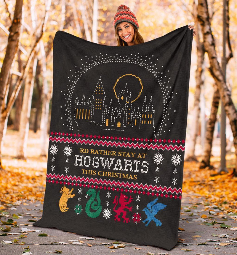 Harry Potter Rd Rather Stay At Hogwarts Ugly Christmas Custom Blanket Home Decor Nearkii