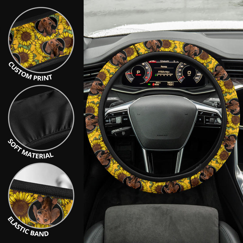 Sunflower Dachshund Car Steering Wheel Cover