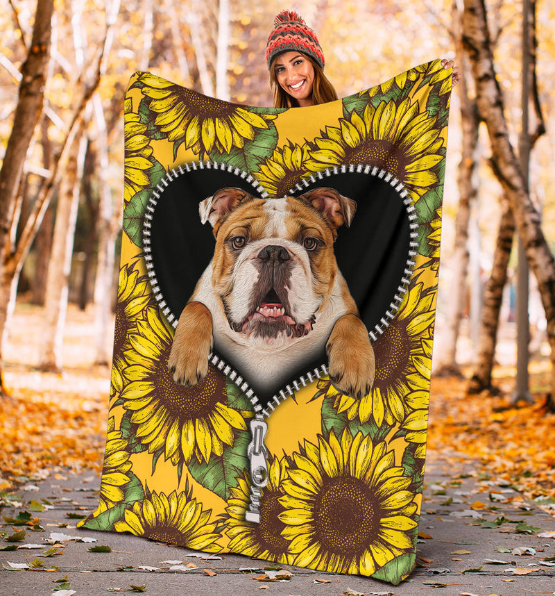 Bull Dog Sunflower Zipper Premium Custom Blanket Nearkii