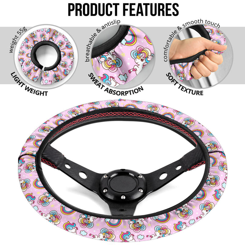 Unicorn Pink Rainbow Cute Premium Car Steering Wheel Cover Nearkii