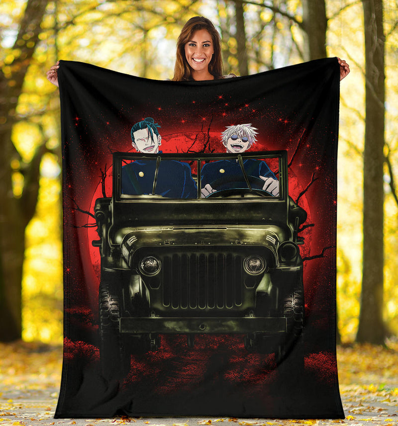 Gojo Geto Jujutsu Kaisen Ride Jeep Halloween Funny Anime Premium Blanket Nearkii