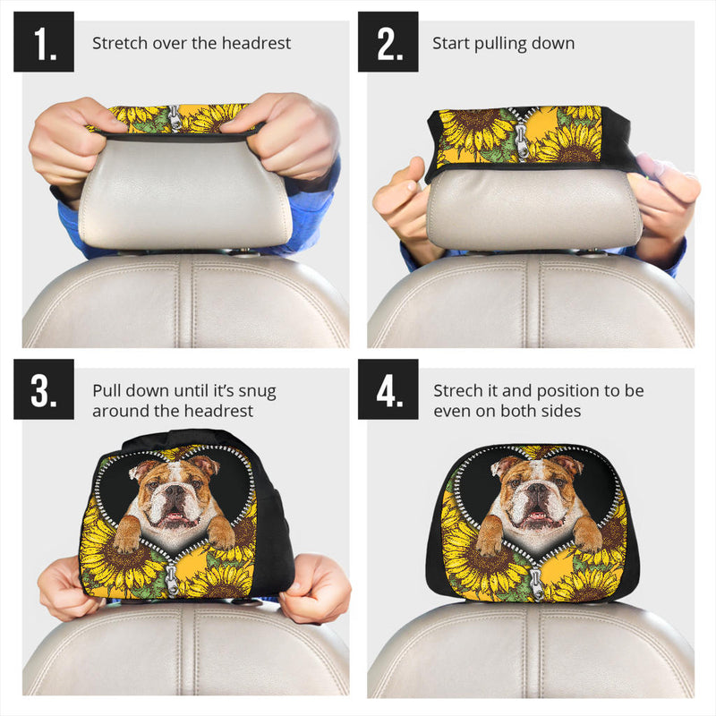 Bulldog Sunflower Zipper Car Headrest Covers Nearkii