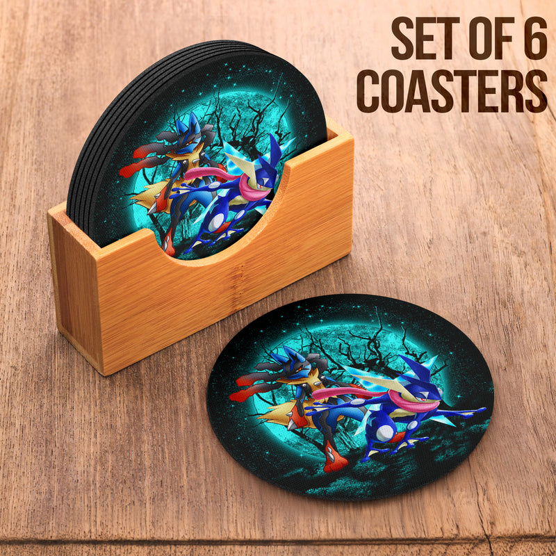 Greninja Satoshi And Mega Lucario Pokemon Moonlight Halloween Round Coaster