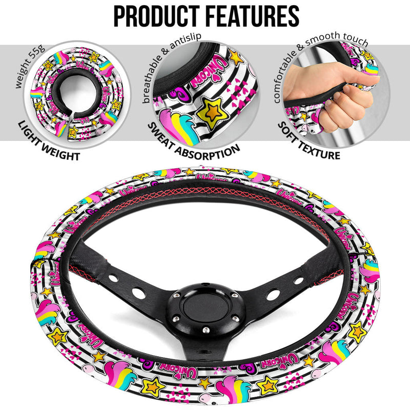 Unicorn Rainbow Cute Kawaii Premium Car Steering Wheel Cover Nearkii