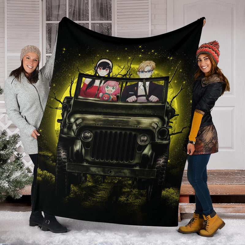 Spy X Family Yor And Anya Ride Jeep Moonlight Halloween Funny Premium Blanket Nearkii