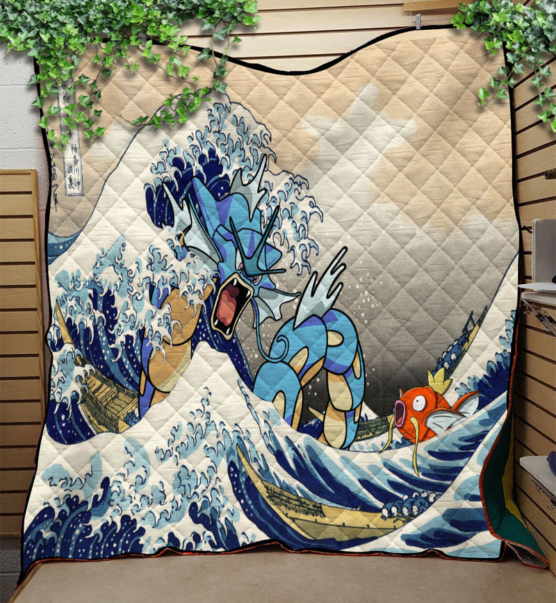 Gyarados Magikarp The Great Wave Japan Quilt Blanket