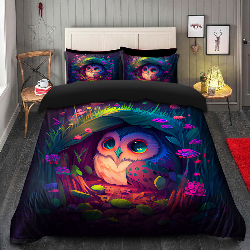 Owl Bedded Down In The Grass Safe And Cozy Fireflies Bedding Set Duvet Cover And 2 Pillowcases