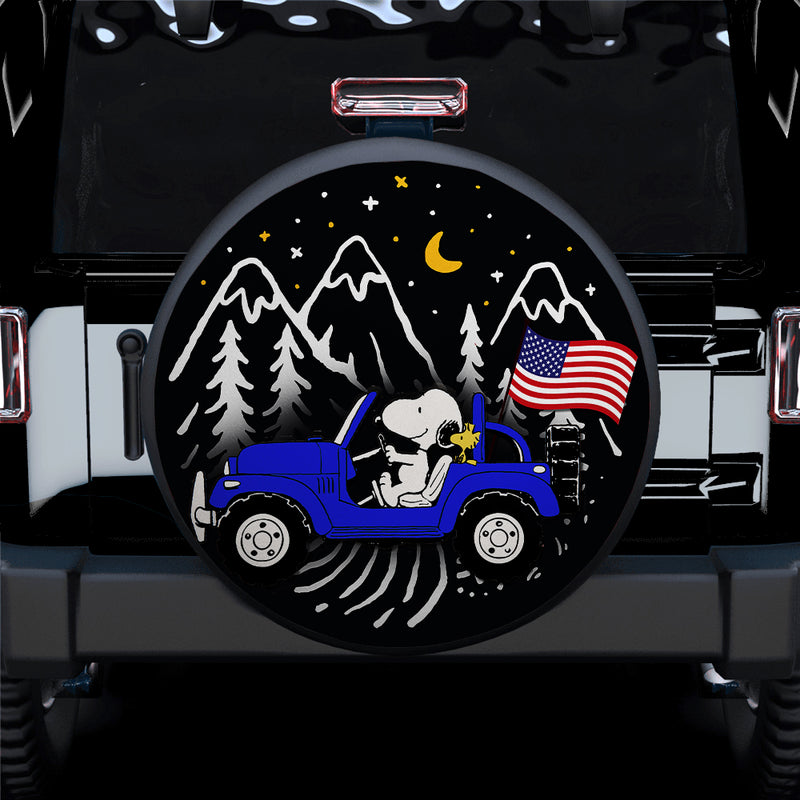 Snoopy Blue Jeep US Flag Mountain Car Spare Tire Covers Gift For Campers Nearkii