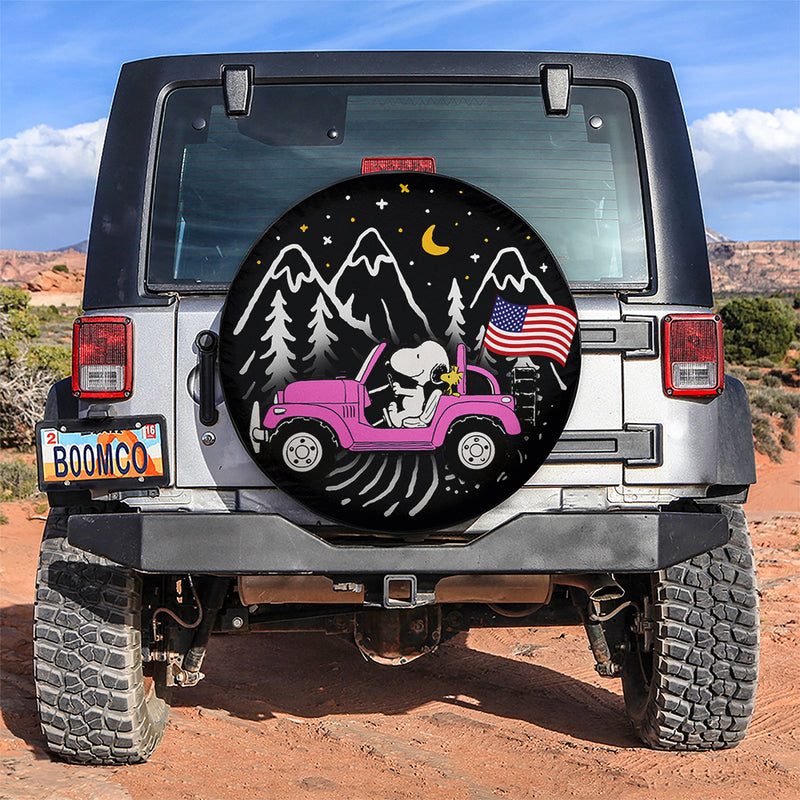 Snoopy Pink Jeep US Flag Mountain Car Spare Tire Covers Gift For Campers Nearkii