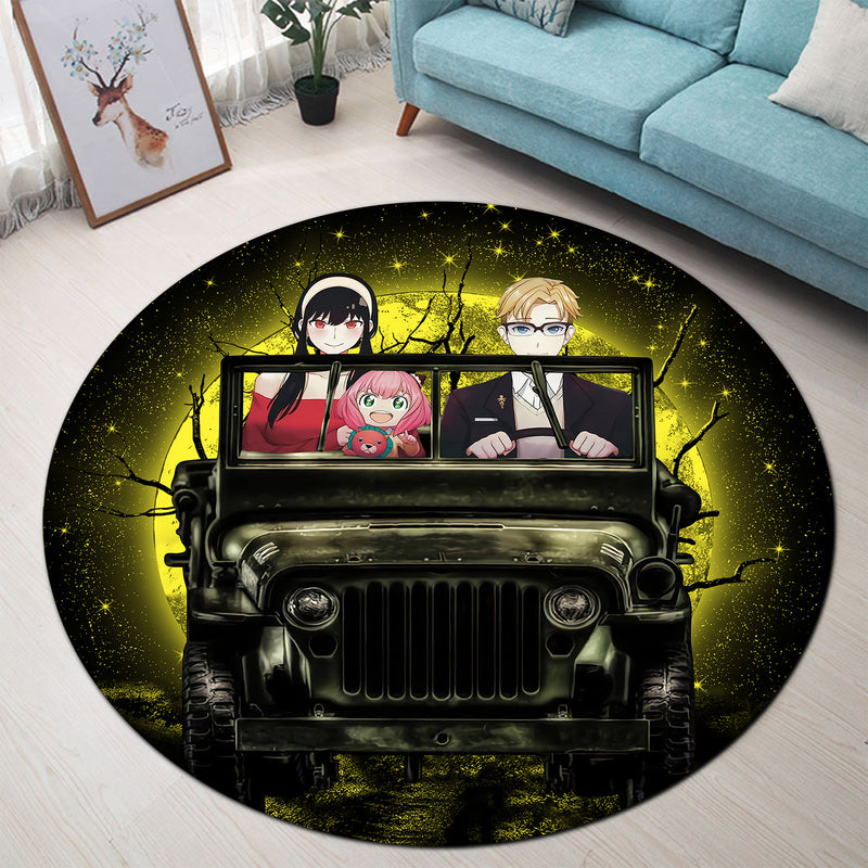 Spy x Family Yor And Anya Ride Jeep Moonlight Halloween Round Carpet Rug Bedroom Livingroom Home Decor Nearkii