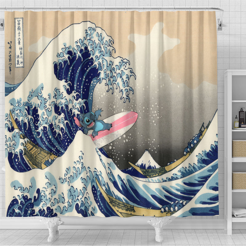 Stitch The Great Wave Japan Shower Curtain