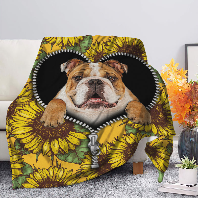 Bull Dog Sunflower Zipper Premium Custom Blanket Nearkii