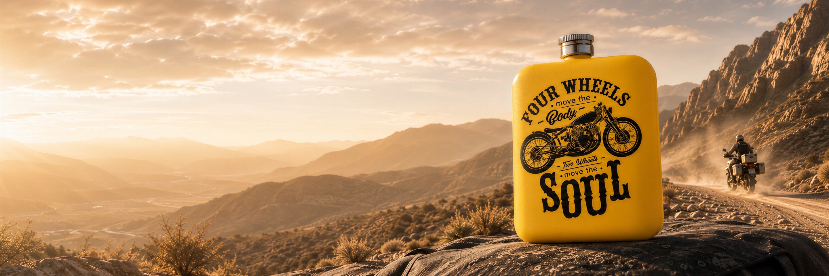 Yellow motorcycle hip flask beside a mountain road at sunrise