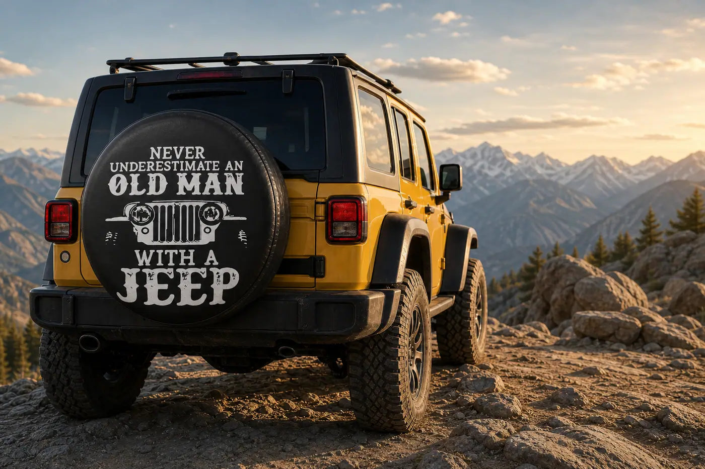 Yellow off-road SUV fitted with a premium spare tire cover on a mountain trail