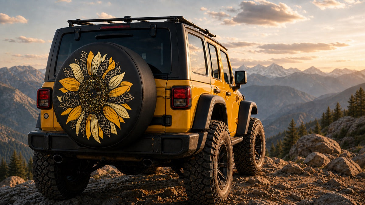 Yellow off-road SUV featuring a sunflower spare tire cover on a mountain trail